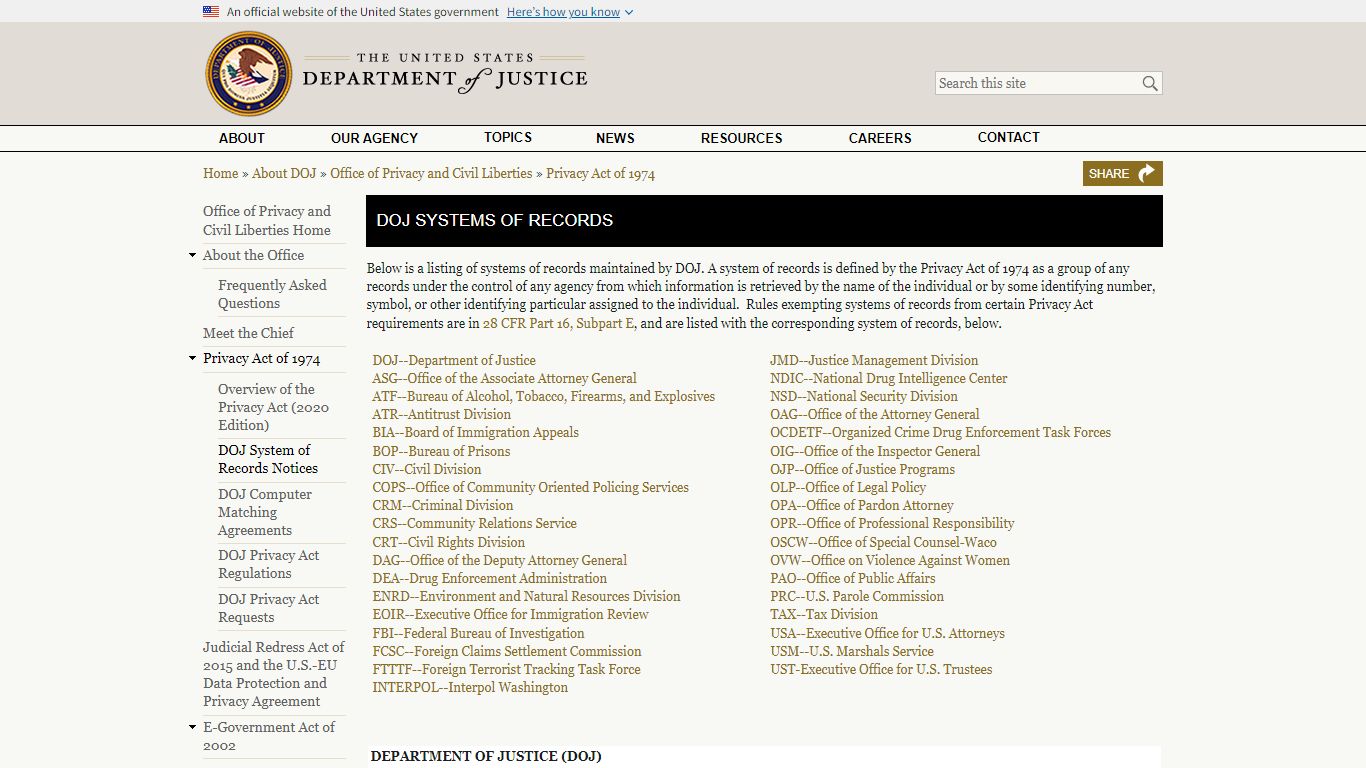DOJ Systems of Records - United States Department of Justice